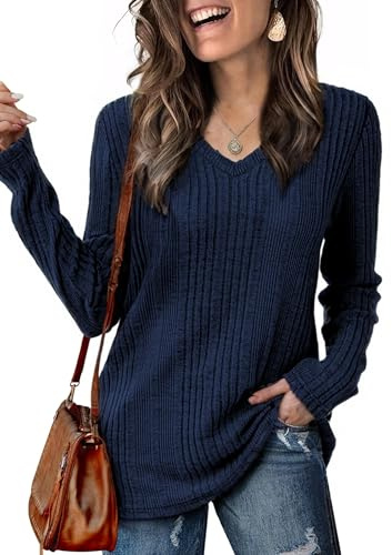GLEENOD Tröja Dam V-ringad Långärmad Stickad Pullover Basic Lätt