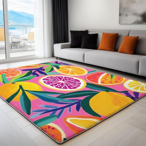 Teppich Wohnzimmer Früchte Pflanzen, Frucht Orange Zitrone Waschbar rutschfest Weich Kurzflor Teppich, Vintage Teppich für Wohnzimmer, Schlafzimmer, Esszimmer, 60x90cm