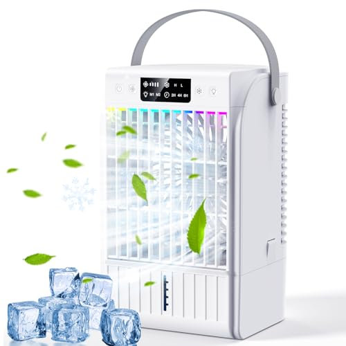 Portable Air Conditioner, 4 In 1 Air Cooler with Timer, Mini Evaporative Cooler, 4 Speeds & 2 Spray Modes & 7-Color LED Quiet Mobile Air Conditioner Fan, Air coolers for Home Office Dorm Indoors