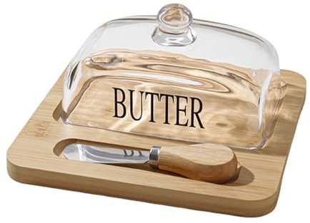 Pasdrucn 19x19.6x8.5cm Butter Dish Glass with Airtight Lid, Small Butter Dish, Cheese Bell Glass, Cheese Bell Wooden Glass, Butter Dish Made of Wood and Glass, Butter Dish for 250g Butter (Yellow)