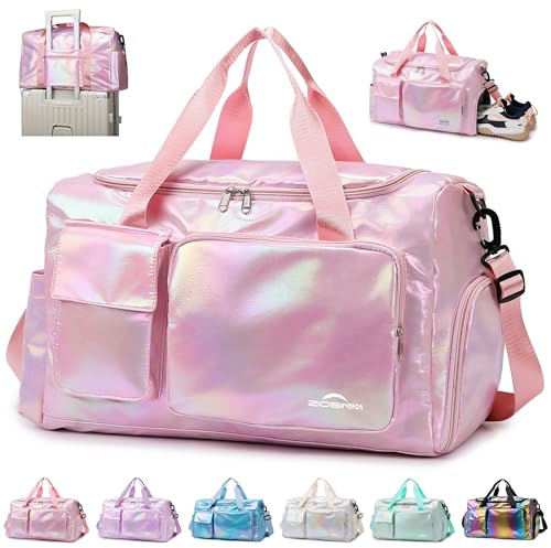 ZIOISNM Sporttasche Damen mit Schuhfach und Nassfach, Reisetasche Damen Glitzer Gym Bag saunatasche Reisetaschen Mädchen für Training, Reise & Wochenendtrips (Rosa)
