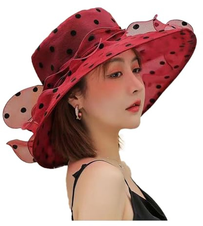 BrightGlow Organza Hut Damen Eleganter Damenhut mit Polka Dots Sonnenhut Breiter Krempe Fedora Hüte Mode Sonnenblende Brauthut Tea Party Hochzeit Hut Kirchenhut Strandhut Weinrot Einheitsgröße