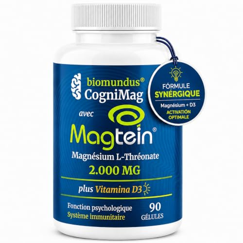 Magnésium L-Thréonate Magtein® 2000 mg biomundus + Vitamine D3 2000 UI par dose – Fonction cérébrale optimale, sommeil, mémoire, système immunitaire, muscles et os – 90 gélules