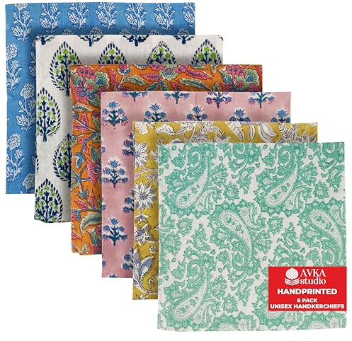 AVKA Studio Unisex Handkerchiefs – 16x16 Soft Cotton Handcrafted Hankies for Men & Women – Sweat Absorbing, Machine Washable, Thin & Lightweight – pack of 6