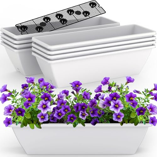 Lot de 8 grandes jardinières rectangulaires en plastique blanc de 61 cm avec filet absorbant l'eau, pots de fleurs pour intérieur et extérieur, pour rebord de fenêtre, balcon, terrasse, porche (blanc