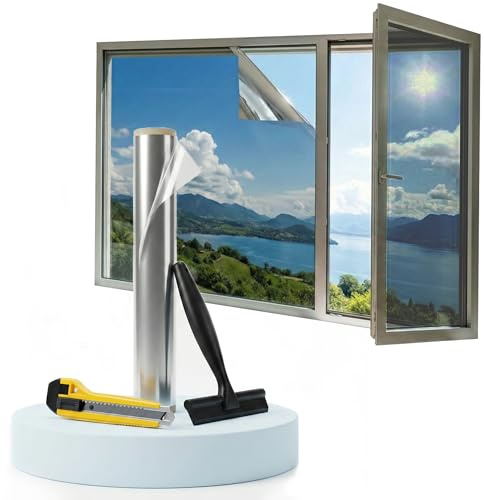 Dzmelzu Film Fenetre Anti Regard, Film Miroir pour Fenetre avec Kit de Pose, Anti Chaleur Anti UV Protection de la Vie Privée Brise Vue Fenêtre, Film Miroir pour Fenêtre Bureau Maison(30 * 200cm)