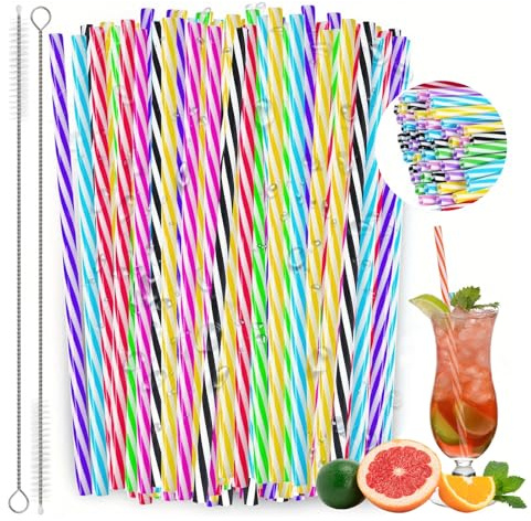 100 Stück Wiederverwendbare Trinkhalme Plastik, Kunststoff mit 2 Bürsten Harter, Lange Dickwandiger Farbmisch Trinkhalme, Strohhalme Plastik Geeignet für Milchtee Smoothies Saftgetränke Cocktails
