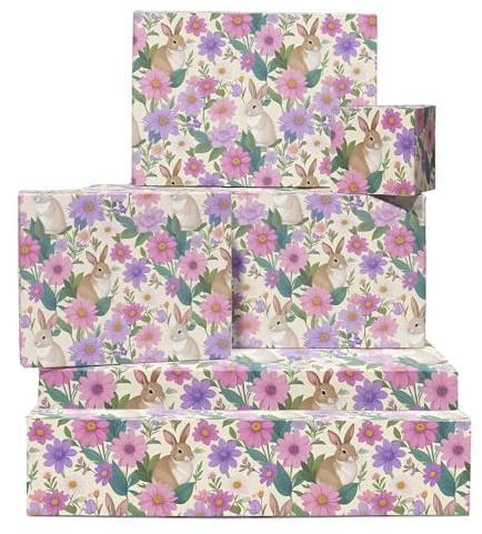 Kanin presentpapper - 6 ark presentpapper för barn flickor eller babyshower - födelsedag påsk vår bröllop - söta kaniner med pastellblommor kräm - levereras med taggar av Central 23