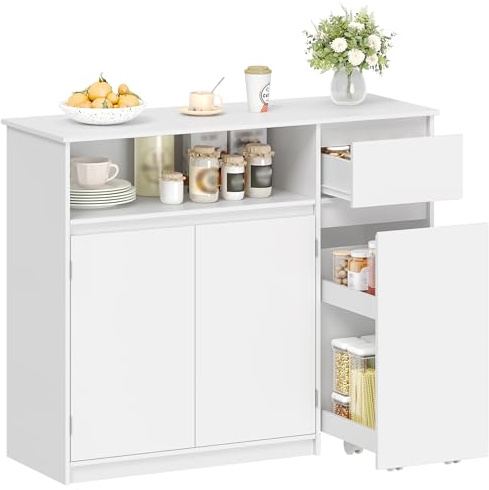 HEXCELEN Sideboard mit Trolley, Schubladen & verstellbaren Regalen, Weiß