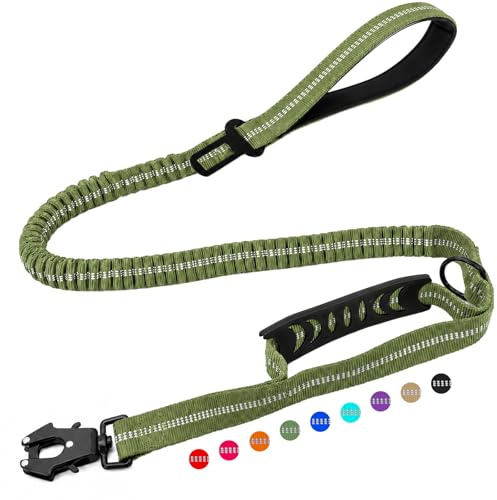 Olcyren Correa Táctica para Perro, Correa Elástica Resistente Reflectante y Anti-tirones con Mango Acolchado, Cinturón de Seguridad de Coche, para Perros Grandes y Medianos, Verde