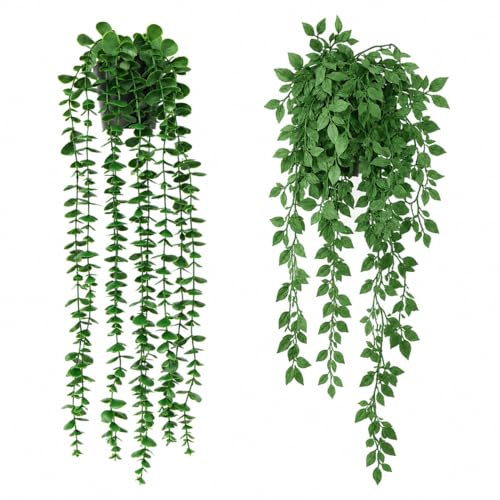 RITOLLO 2-Pack Artificial Hanging Plants with Pots | Includes faux eucalyptus and mandala leaf plants in pots for shelves, walls, bathrooms and offices