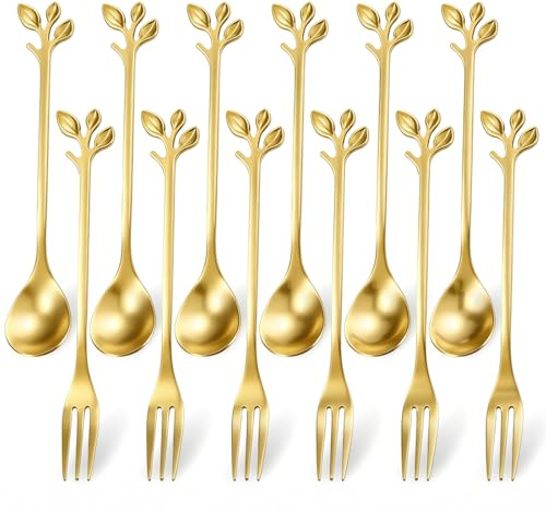Juego de 12 piezas de cucharillas y tenedores de acero inoxidable, diseño en forma de hoja, color dorado, para té, café, leche y postres.