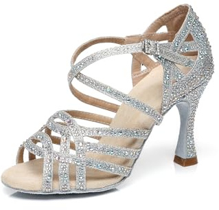 MINITOO Donna Ballo Scarpe con Strass Sposa Matrimoni Serata Sandali con Tacco L357 Argento 9cm Tacco EU 37
