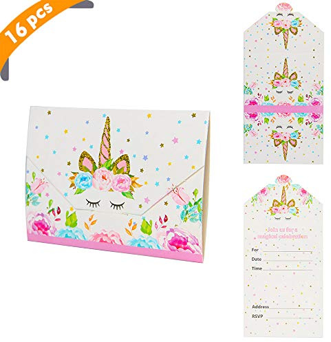 Yiran 16 invitaciones para fiestas de cumpleaños, unicornio, tarjetas de invitación para fiestas de cumpleaños infantiles, sobres estilo listo para escribir