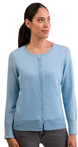 CASH-MERE.CH 100% kashmir damtröja cardigan rund hals | kofta rund hals 2-trådig, Ljusblå, XL