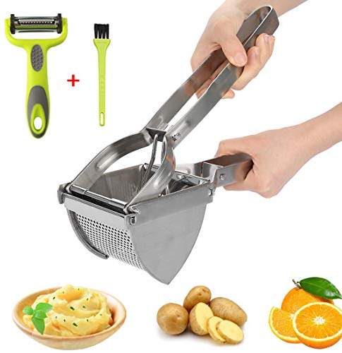 HOTLIKE Kartoffelpresse aus Edelstahl, Spätzlepresse 3 PCS Set, Professionelle Spätzlechef mit Pinsel, Schäler, Kartoffelquetsche Presse Ricer für Kartoffelpüree, Obstsäfte, Gemüsebrei, Püree