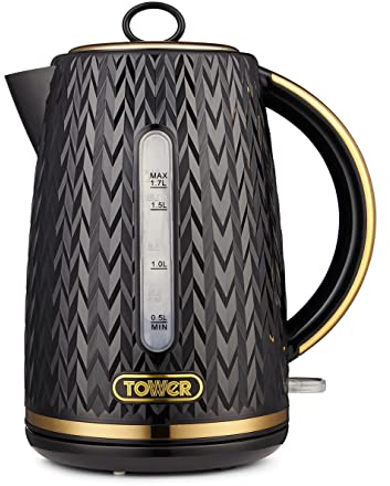 Tower T10052BLK Empire 1.7 Litre Kettle with Rapid Boil, Removable Filter, 3000W, Black with Brass Accents