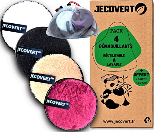JECOVERT Coton Démaquillant Lavable Réutilisable Bambou Bio | Disques Lingette Démaquillante Lavables Microfibre pour yeux visage bébé peaux grasse | Carrés Eponge nettoyante Ecologique | Lot de 4 pcs