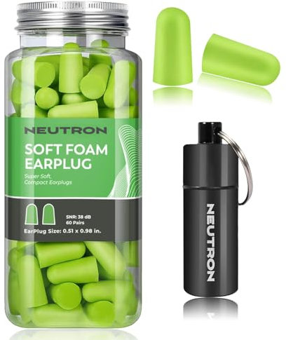 Neutron Soft Foam Ear Plugs with Travel Case - Noise Cancelling 38dB SNR - Earplugs for Sleeping, Travel, Concerts, Studying, Work, Loud Noise, Snoring - 60 Pairs - Green