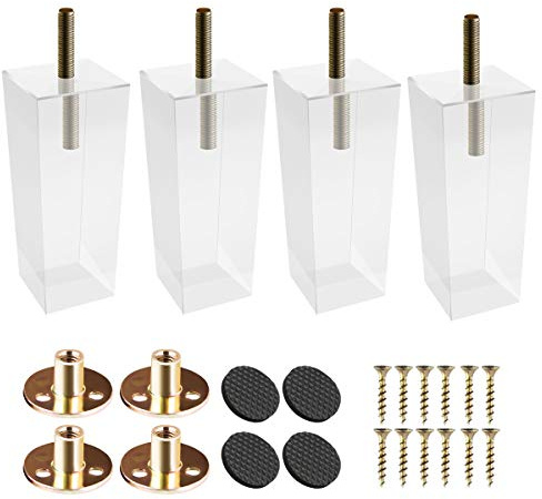 Btowin 15cm Acryl Möbelfüße, 4 Stück Pyramide Glas Klar Tischbeine Möbelbeine mit vorgebohrten M8 5/16 Bolzen & Montageplatten & Schrauben für Schrank Sofa Bett Couchtisch