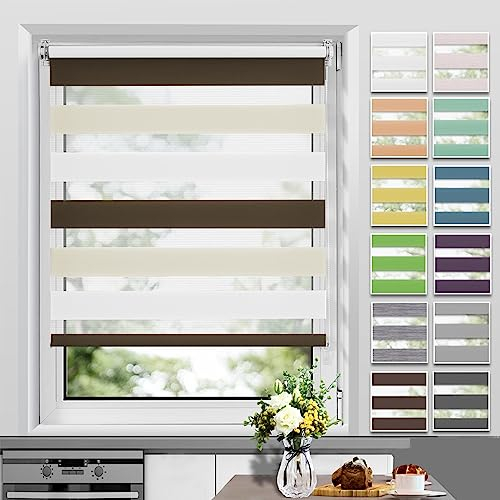 Allesin Doppelrollo Klemmfix ohne Bohren & mit Bohren, Duo Rollos für Fenster und Tür, Klemmrollo Fensterrollo lichtdurchlässig, Sichtschutz und Sonnenschutz, 95x120cm (BxH), Weiß-Beige-Braun