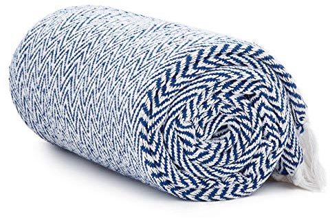 Americanflat 50x60 Throw Blanket - Soft and Breathable Cotton Throw Blanket for Couch, Bed, Chair - Decorative Blanket Perfect for Home, Office, or Outdoor Use - Blue and White Herringbone Blanket