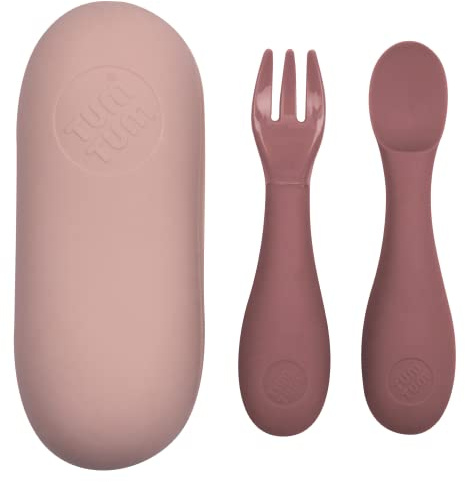 TUM TUM Cubiertos de Bebé con Estuche de Cubiertos, Tenedor y Cuchara de Bebé, 6m+, Rosa