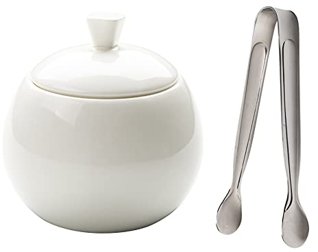 RAN-Sucriers Bol à sucre en céramique avec couvercle et cubes de sucre Pinces, 15,5 onces Conteneur de sucre en porcelaine blanche pour la maison et la cuisine