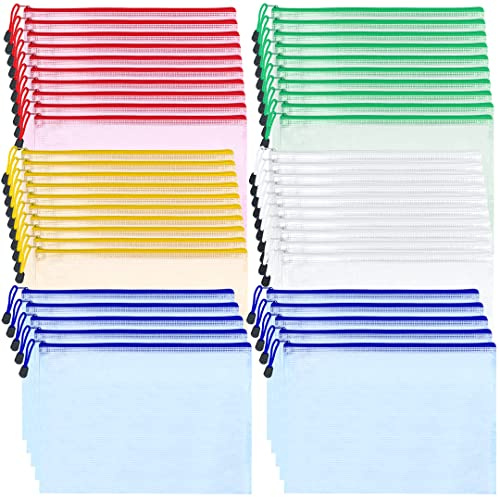 ZEONHAK 50 PCS A4 Mesh File Zip Lock Wallets, Colourful Plastic Bags Document Folder, Mesh Zipper Bag, 5 Assorted Colors Zipper Storage Pouch for File Storage, Office Supplies