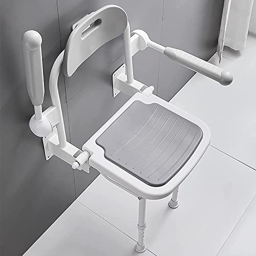Wandmontierter hochklappbarer Duschsitz, Höhenverstellbarer, gepolsterter Komfort-Duschhocker mit Armlehnen für ältere Menschen, Behinderte und eingeschränkte Mobilität beim Baden ( Color : Gray )