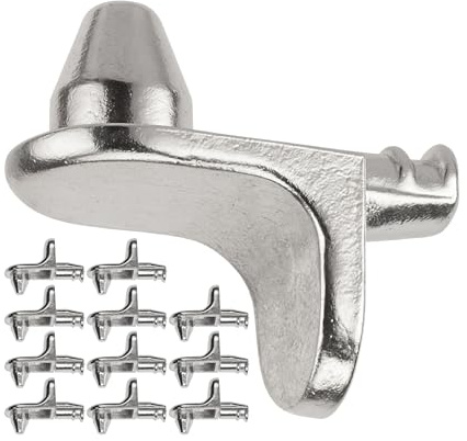 Regalboden Träger, 12 Stück, Winkelbodenträger mit Doppelzapfen für Ø 5 mm Bohrlöcher, L-Form Stütze aus Stahl, Rost-frei, Einlegeboden Halter, Stahlwinkelstütze Fachboden, Winkel Bodenträger L Form