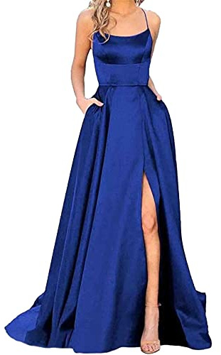 Hahaemma Robe Longue Élégante en Satin pour Femme - Ligne A, Dos Nu, Avec Poches - Parfait Comme Spaghetti, Princesse, Demoiselle d'Honneur - Bleu Roi, XS