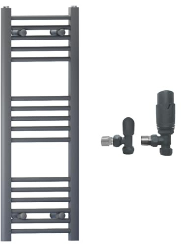 300mm Wide Straight Anthracite Grey Heated Bathroom Towel Rail Radiator With Valves For Central Heating UK (With TRV Angled Valves, 300 x 900 mm (h))