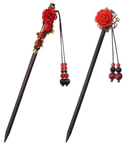2 palillos para el pelo para mujer, estilo retro, chino, japonés, accesorios para el cabello, borla de flores, hechos a mano, palillos de madera para el pelo largo