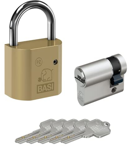 BASI | Messing Vorhangschloss | Vorhangschlosskorpus mit Schließzylinder und 5 Schlüssel | austauschbare Profil-Halbzylinder 10/30 mm | Bügelhöhe 40 mm | Bügelstärke 8 mm