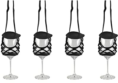 VINSTRIP® GLASSLING 4er-SET SCHWARZ - Weinglashalter zum Umhängen mit Schutzdeckel - praktischer Netzglashalter für Festivals, JGA, Stehparties, Weinwanderung, Geburtstagsausflug, ...