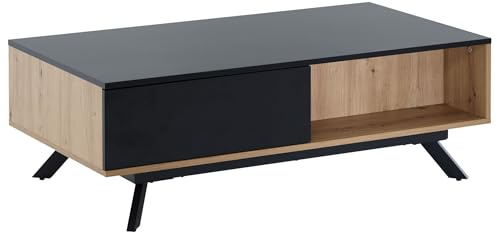 FineBuy Couchtisch 110x60x38 cm Eiche-Dekor Schwarz mit Stauraum | Wohnzimmertisch mit 2 Schubladen und Ablageflächen, Sofatisch rechteckig, Kaffeetisch modern