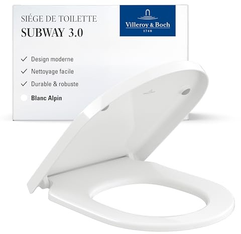 Villeroy & Boch Toalettsits Subway 3.0 – toalettlock vit glänsande av duroplast – toalettsits med gångjärn i rostfritt stål – okrossbart toalettlock D-form – originalreservdel toalettlock