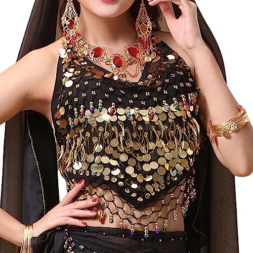 SamHeng Damen Neckholder-BH für Bauchtanz, rückenfrei, gepolstertes BH-Oberteil, Camisole, Neckholder, Bandage-Tanktop, Pailletten, Bauchtanz-Crop-Top für Festival, Party, Clubwear