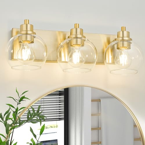 Tuscarora Bathroom Light Fixtures Gold Vanity Light 3 Light Wall Sconces Lighting Brushed Brass Bathroom Lights Bath Wall Lights Wall Lamp for Mirror (Brushed Gold & Clear Glass)