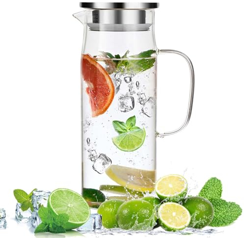 Litimkat 1.5 L Jarras Agua Cristal, jarra de agua con tapa sellada, hervidor resistente al calor, para agua fría/caliente, vino, té helado y jugos
