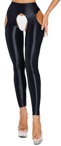 winying Damen Glänzend Leggings Ouvert Strumpfhose Offen Schritt Pantyhose Stretch Bodystocking Tights Sexy Unterwäsche Erotik Dessous Reizwäsche Schwarz B L
