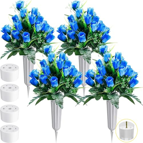 Crowye 4 juegos de flores artificiales de cementerio de 96 cabezas, ramo de rosas artificiales para tumba para arreglos florales de cementerio con jarrón de seda para decoración de lápidas al aire