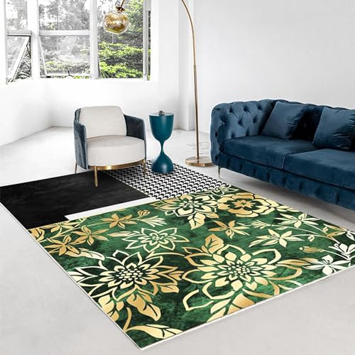 Tzvpsu Möbel Wohnzimmer modern Rutschfester Wohnzimmerteppich Mit Blumenmuster In Grün, Schwarz Und Gold,bettumrandung Teppich,Teppich dünn 140x200cm