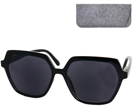 Sechseckige Sonnenlesebrille Damen Groß Schwarz UV400 mit Filzetui | Schwarze Hexagon-Fassung, getönte Gläser, UV-400, Federscharniere, graues Filzetui und Lesestärken