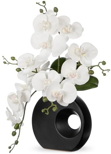 Briful Orquídeas blancas artificiales, flores artificiales de orquídea con jarrón negro, planta de orquídea de tacto real para el hogar, oficina, boda, fiesta, centro de mesa, decoración