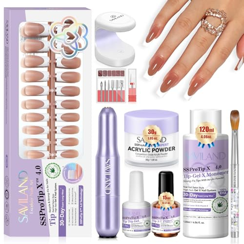 Saviland French Tip Acrylic Nails Kit: In-minute Long Wear & Easy French Acrylic Press-on & Thick Short Square Vit Tip 150PCS Pro Acrylic Nail Kit Pulver Monomer Liquid (rektangel)