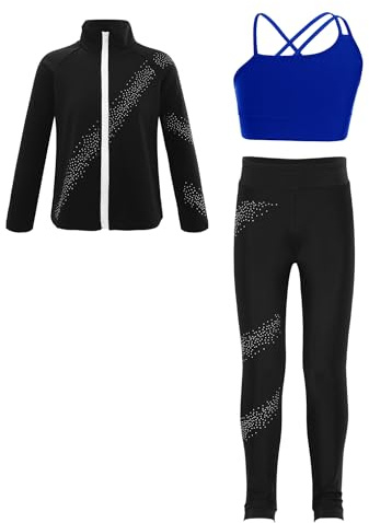 FEESHOW Sportdräkt för flickor, 3-delar, träningsoverall, sweatjacka och sport, leggings, crop tanktopp, set, barn, konståkning, jogging, fitness, träning, yoga, kostym, Kungsblå, 146/152 cm