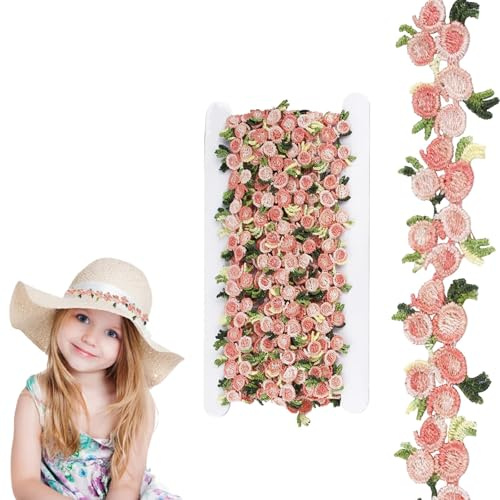 JOZMMZEOOA 5 Yards/4.57 Meter Spitzenband,Blumen Borten und Bänder Nähen | Bordüre Stoff Spitzenborte Blumen Selbstklebende Bordüre,für Bänder Basteln Deko Adventskranz Geschenkpapier Hochzeit Rosa