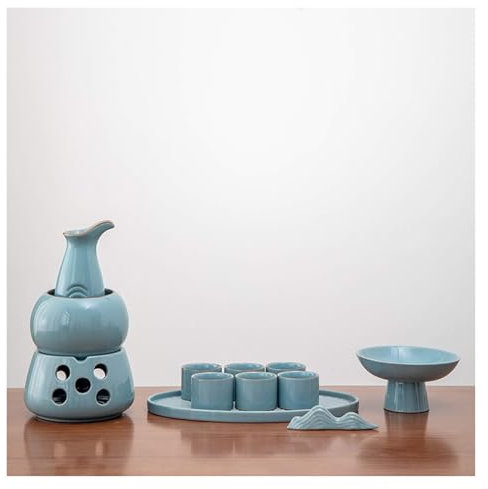 Sake caldo in ceramica, set for sakè con scaldavivande, set tradizionale for sakè caldo in ceramica da 12 pezzi, incluso 1 fornello a candela, 1 tazza riscaldante, 1 pentola for sakè, 6 tazze for sakè